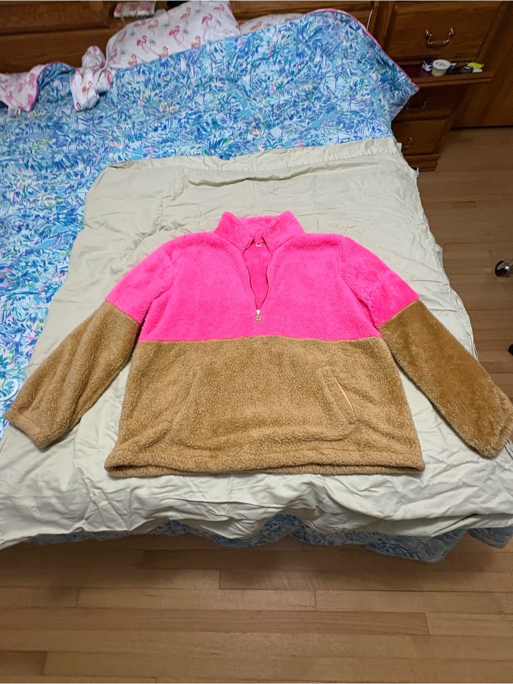 Lilly Pulitzer Two-Tone Plush Quarter-Zip Pullover - Hot Pink & Tan